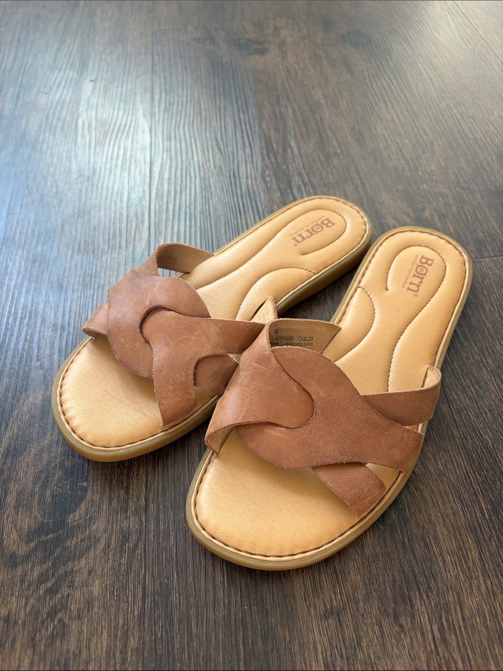 Born Tan Leather Crossband Slide Sandals